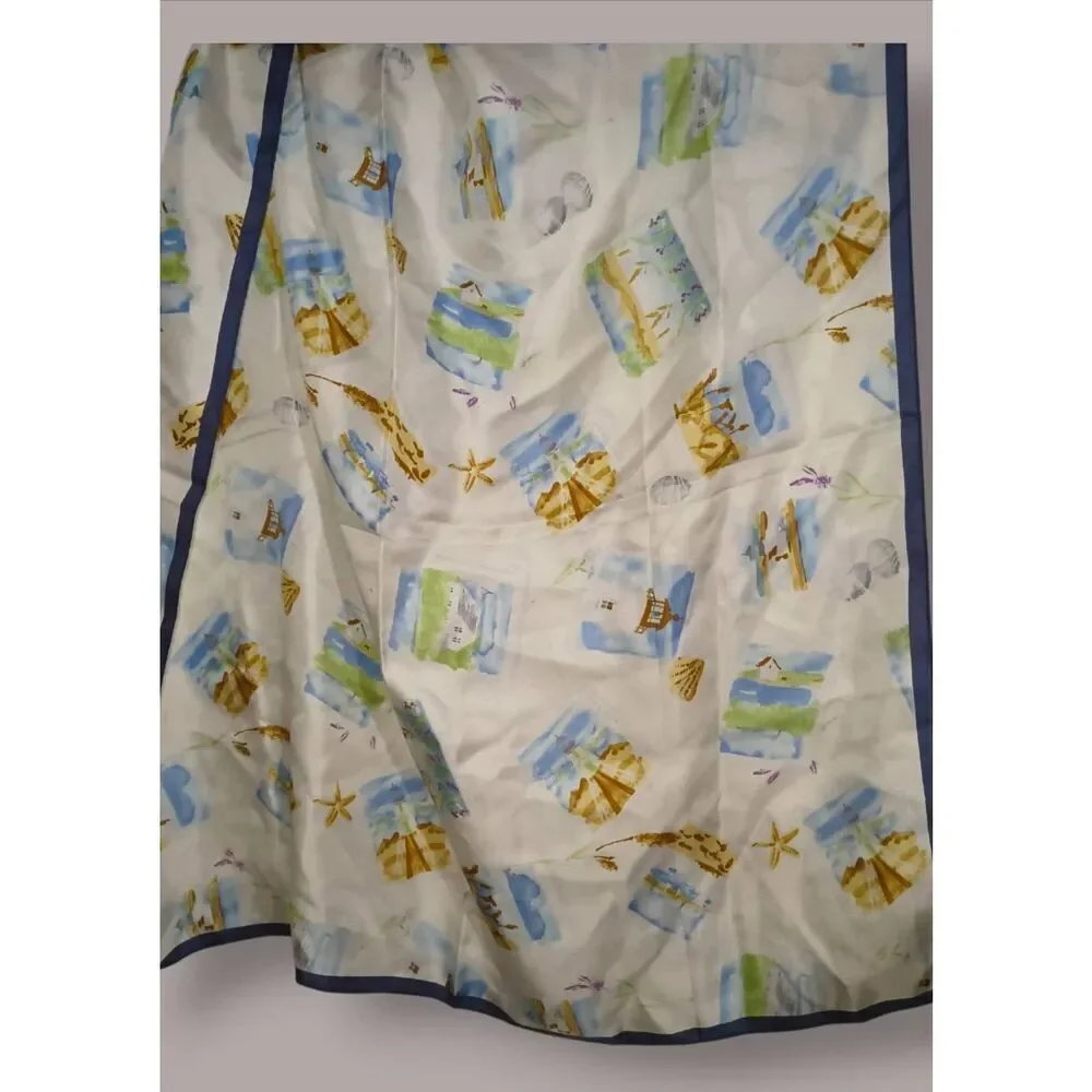 Talbots Nautical Silk Scarf Lighthouses seashells Ocean Cottages White Blue tan